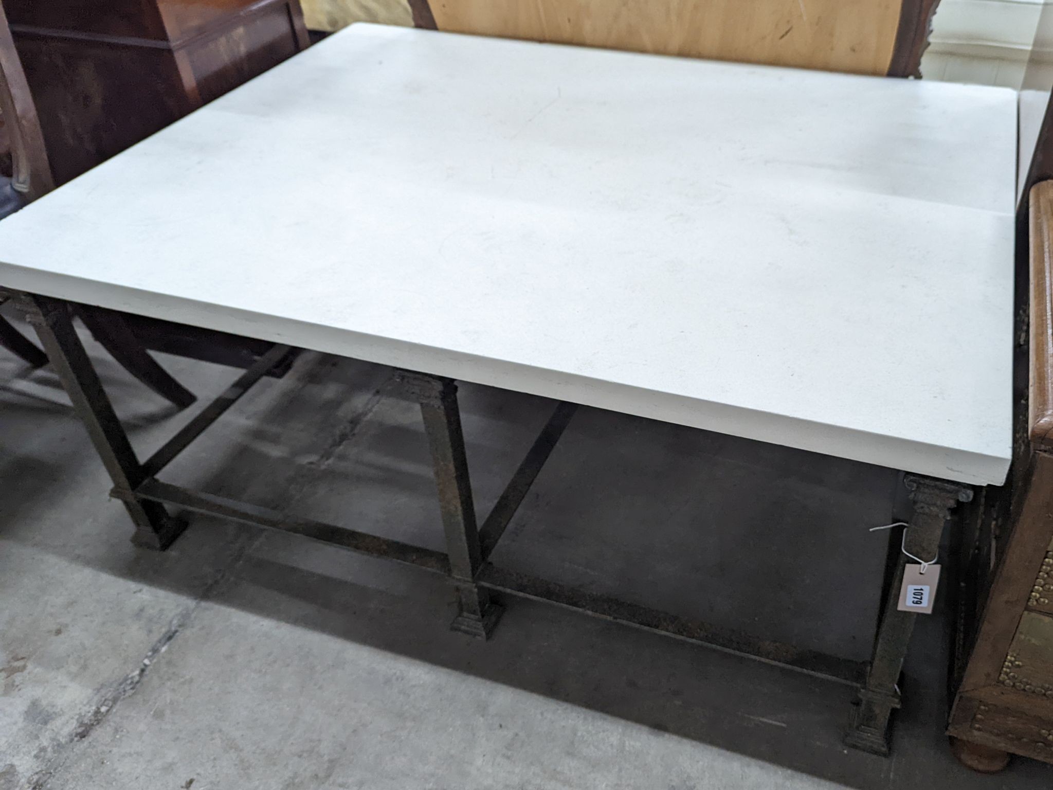A contemporary heavy marble topped wrought iron rectangular coffee table, length 122cm, depth 91cm, height 54cm